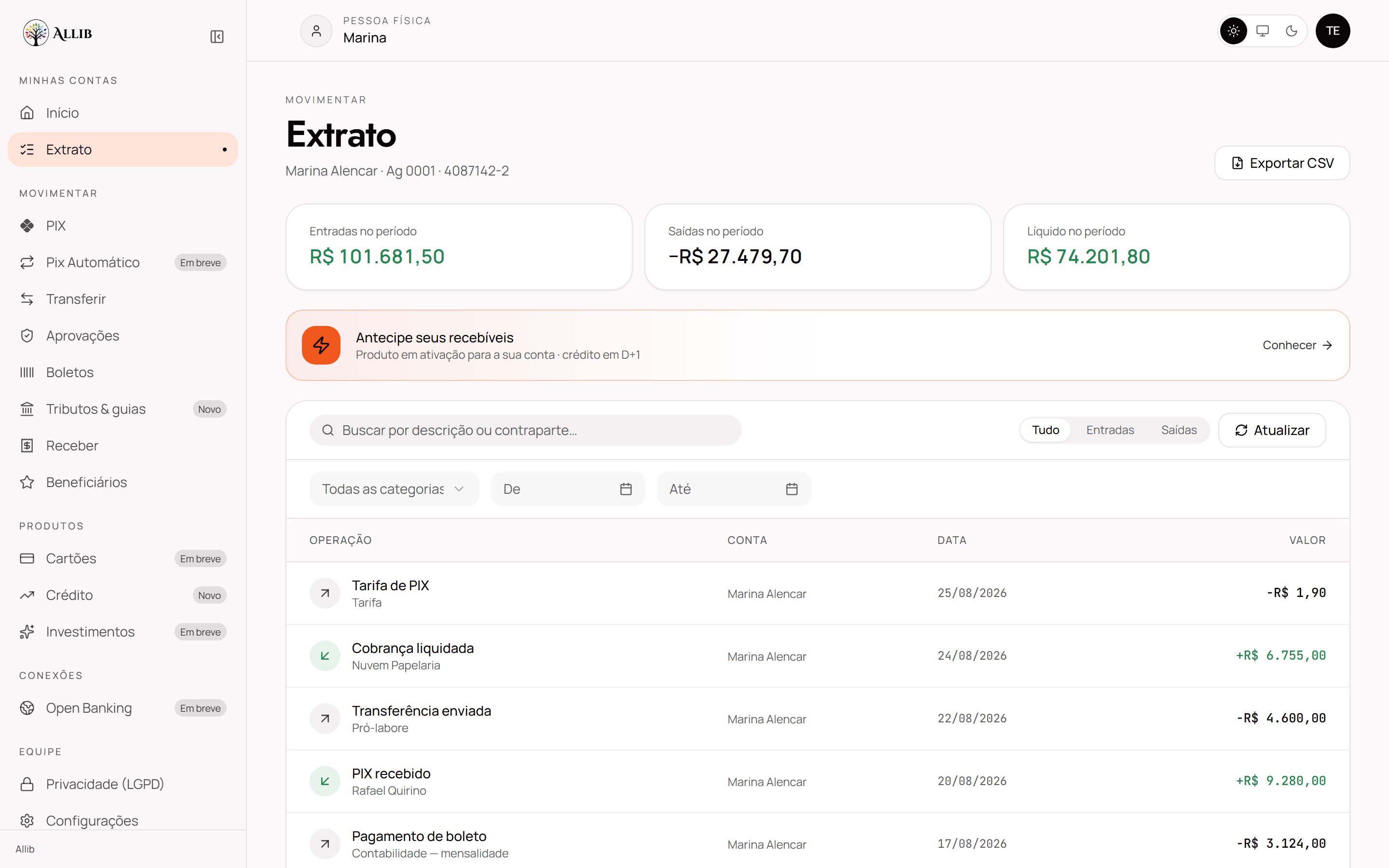 Extrato do Internet Banking ALLIB, com entradas, saídas e líquido do período.